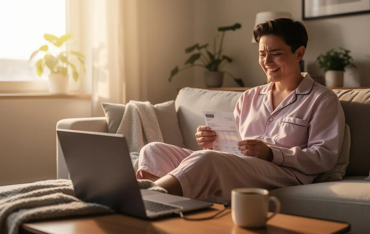 Une personne en pyjama sourit en consultant sa fiche de paie sur un ordinateur portable chez elle, dans une lumière matinale douce.