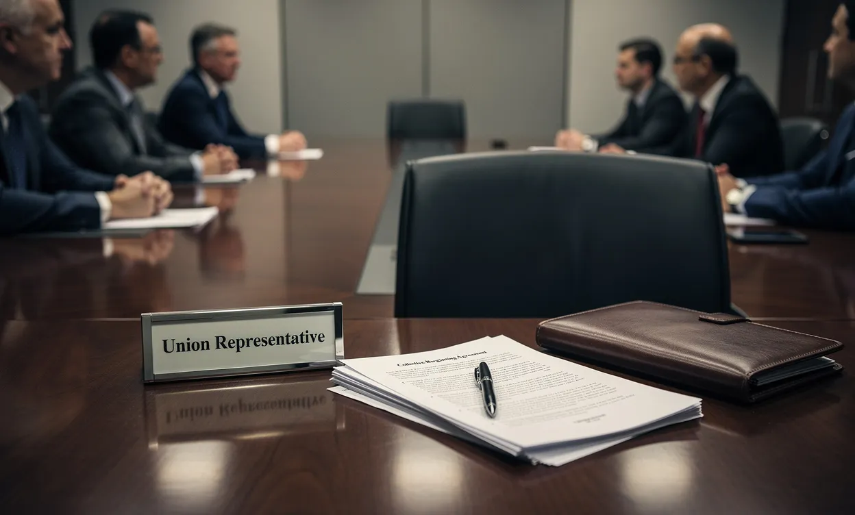 Une table de réunion formelle où une chaise vide avec un porte-nom fait face à des documents syndicaux, entourée d’autres sièges occupés.