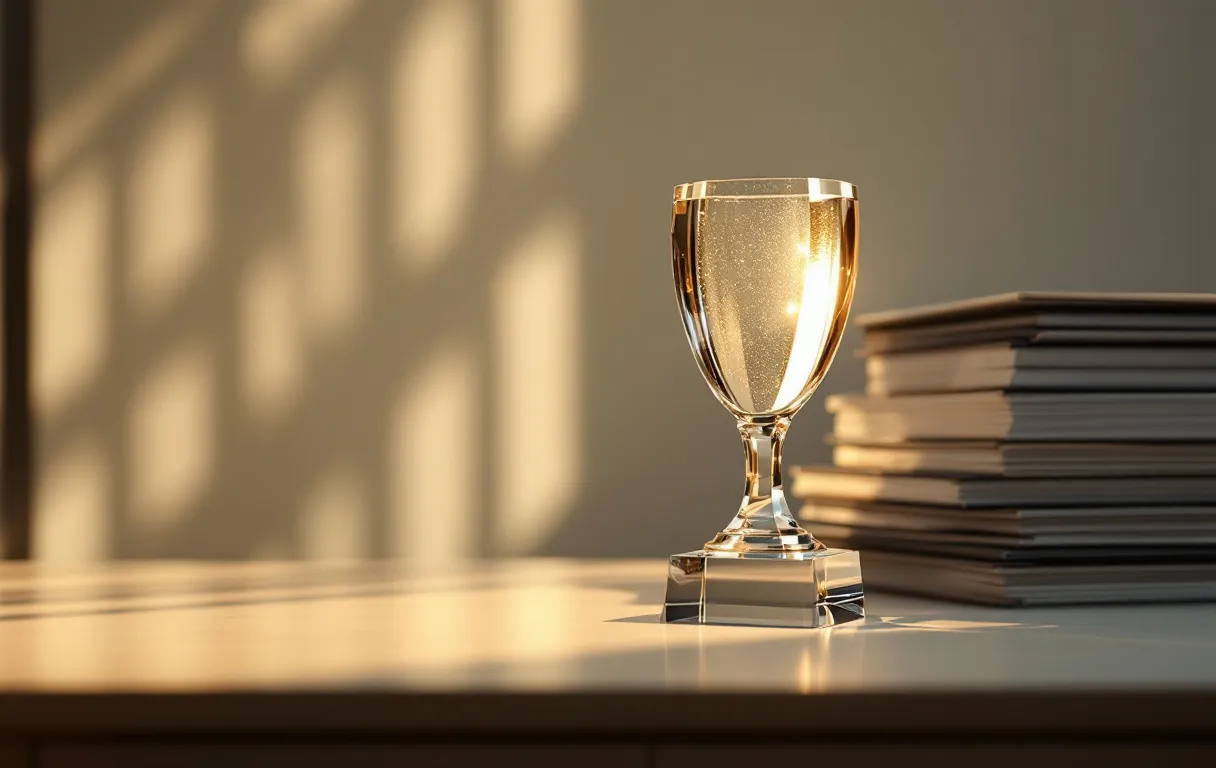 Un trophée en verre posé sur un bureau minimaliste reflète la lumière dorée, avec en arrière-plan une pile d’archives dans l’ombre.