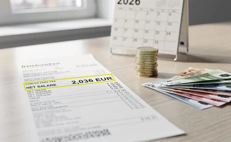 Une fiche de paie met en avant le montant de 2 036 euros à côté de pièces et billets, sur un bureau moderne avec un calendrier de 2026 en arrière-plan.