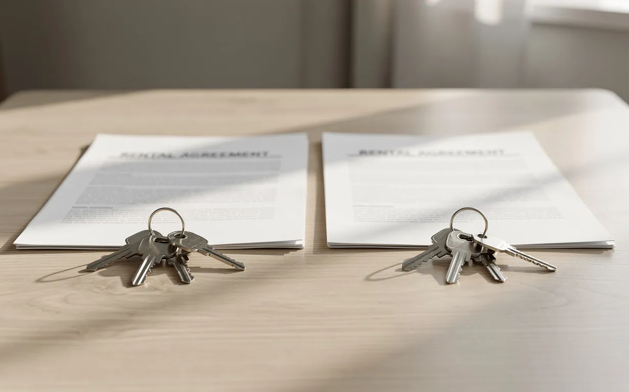 Deux jeux de clés d’appartement posés sur une table entre deux contrats de location pliés, éclairés par une lumière douce.
