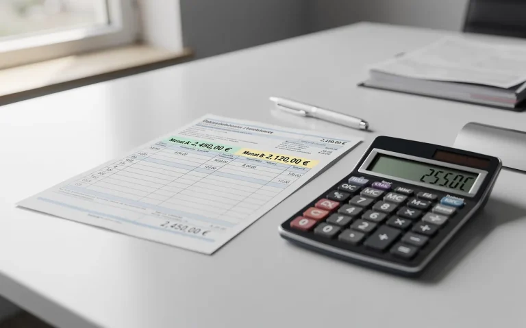 Un bulletin de salaire et une calculatrice sont posés sur un bureau ordonné, éclairés par une lumière douce, avec deux montants en euros mis en évidence pour comparer des différences mensuelles.