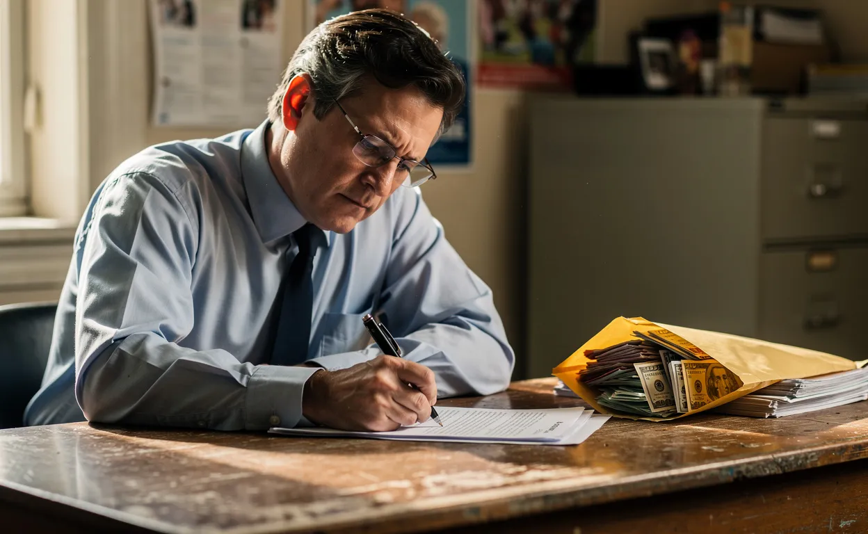Un conseiller communautaire assis à un bureau simple écrit avec un stylo, une enveloppe contenant des billets dépasse discrètement à côté de lui.