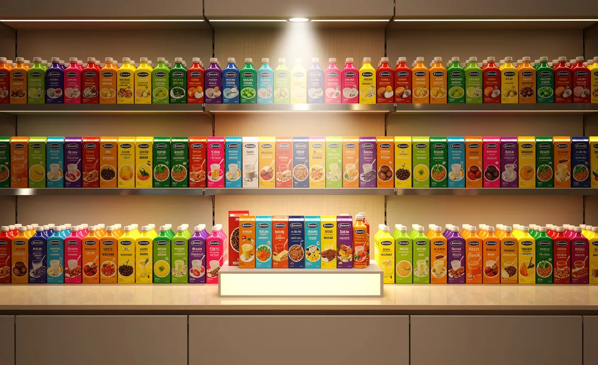 Rayonnage de magasin organisé avec des produits colorés et un présentoir promotionnel éclairé au centre.