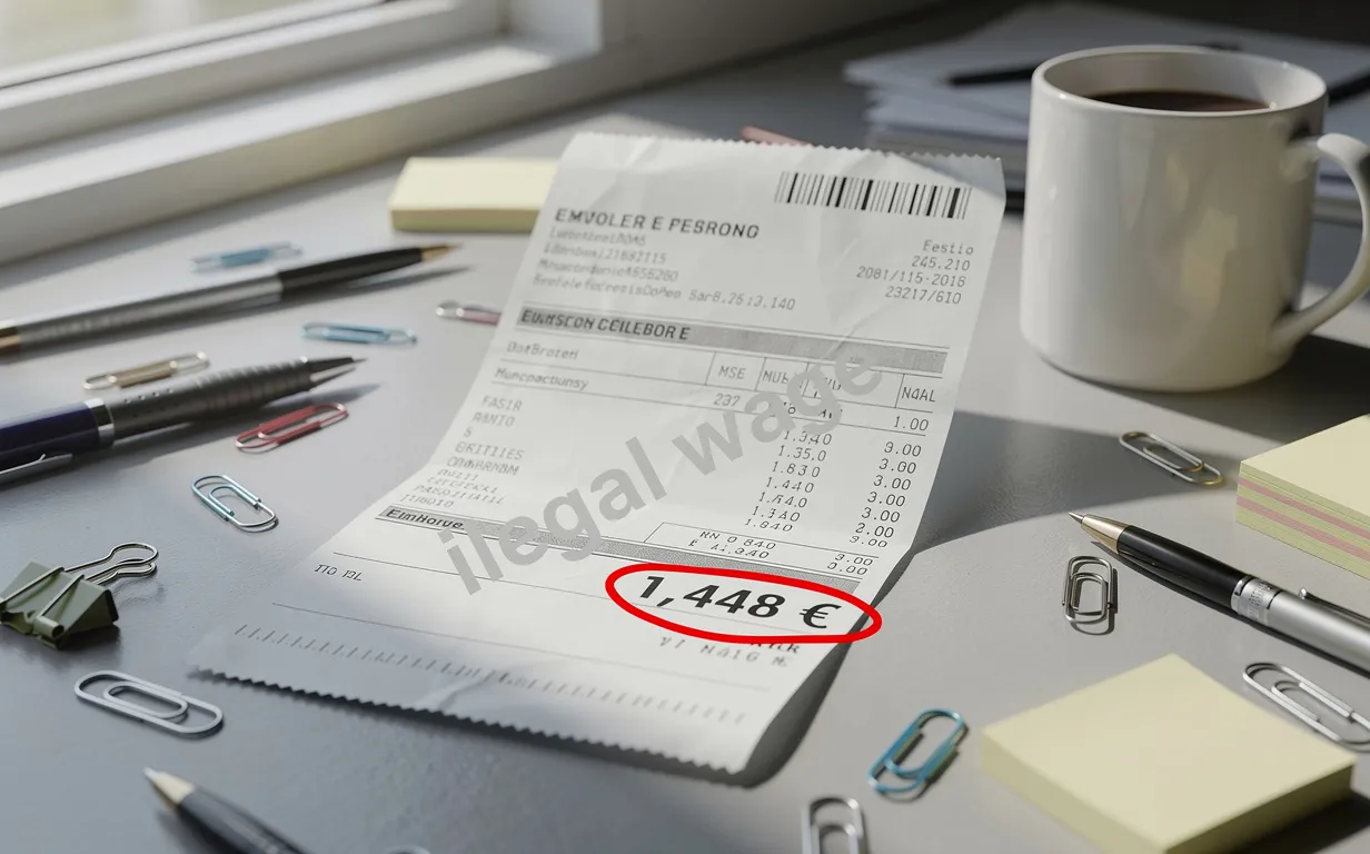 Un bulletin de salaire posé sur un bureau encombré montre en rouge la somme de 1 448 € avec la mention en filigrane "illegal wage" et une lumière douce venant d’une fenêtre.