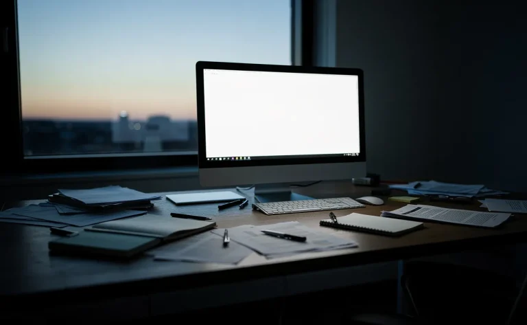 Un bureau solitaire avec un écran d’ordinateur lumineux éclaire des papiers épars, devant une fenêtre où le ciel du soir s’estompe.