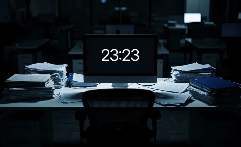 Un bureau solitaire éclairé par un écran d’ordinateur affichant 23:23, entouré de piles de documents dans une pièce sombre et silencieuse.