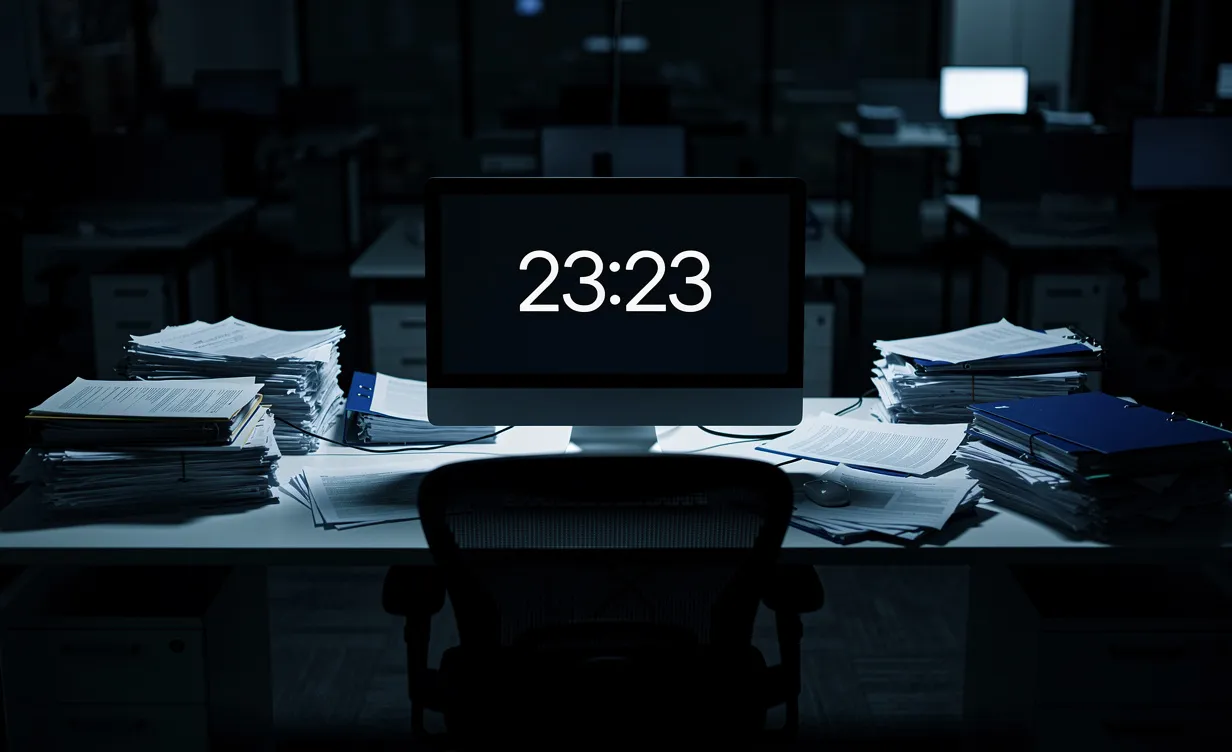 Un bureau solitaire éclairé par un écran d’ordinateur affichant 23:23, entouré de piles de documents dans une pièce sombre et silencieuse.