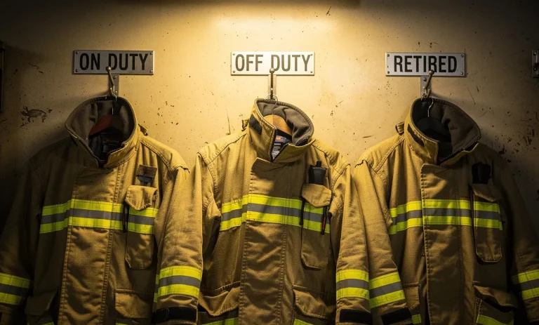 Trois vestes de pompier détaillées sont suspendues côte à côte sur un mur, chacune dotée d’un badge distinct sous un éclairage chaleureux et tamisé.