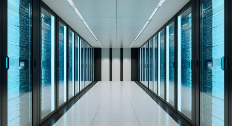 Rangees de baies de serveurs eclairees en bleu dans un data center