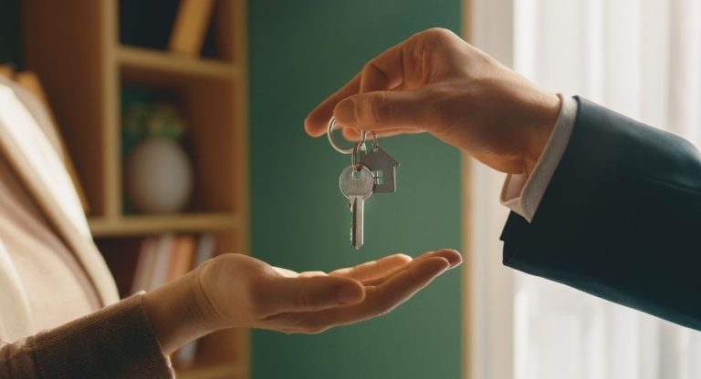 Agent immobilier remettant les cles d une maison