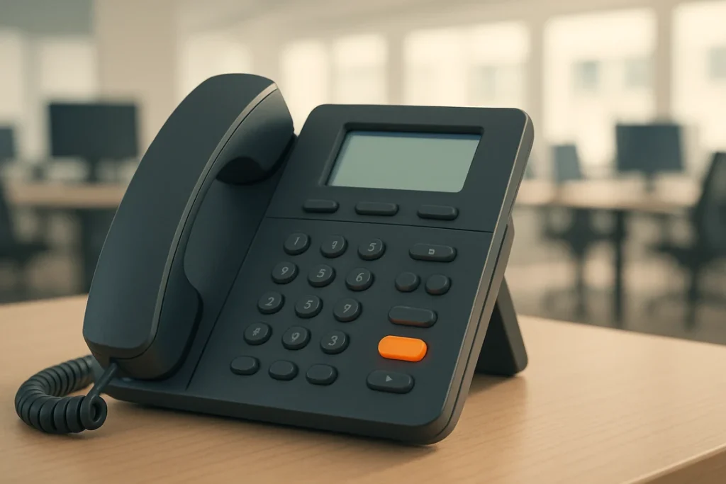 Téléphone de bureau d'un standard avec la touche de mise en attente allumée